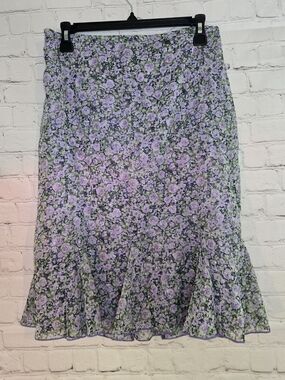 dressbarn Lavender Floral A-Line Skirt Ruffle Hem Glitter Detail